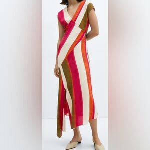 Mango: BRIGHT MULTICOLOR CUT-OUT STRIPED MIDI DRESS - Size Small